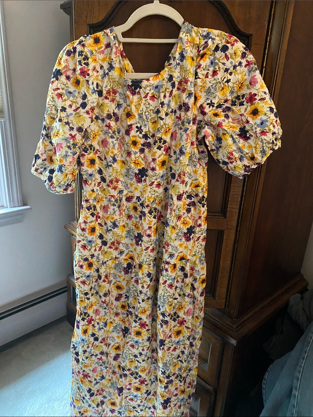 Old Navy White Maxi Dress with Yellow, Blue & Pink Floral Print